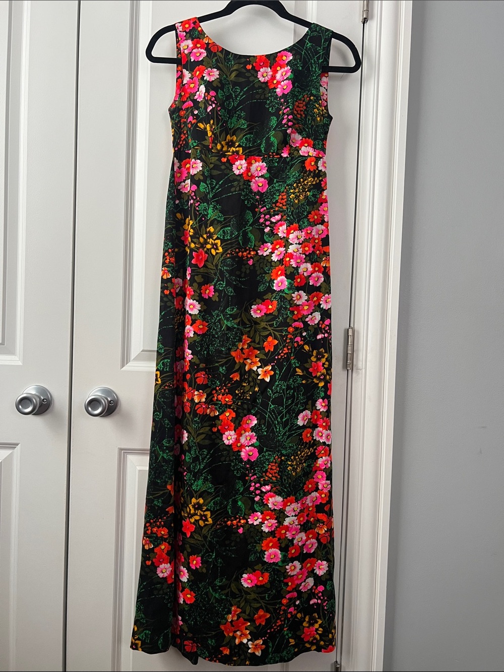 Floral Maxi Dress in Black with Pink & Green Accents